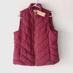 Michael Kors Quilted Puffer Vest Zip-Front Pockets Collar Gold Dark Ruby Large